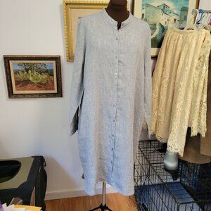 NWT Eileen Fisher Mandarin Pale Blue Linen Shirt Dress Size L